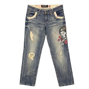 Jizo-Bosatsu Nippon Blue Jeans 28 Y2K Japanese Embroidered Distressed Denim